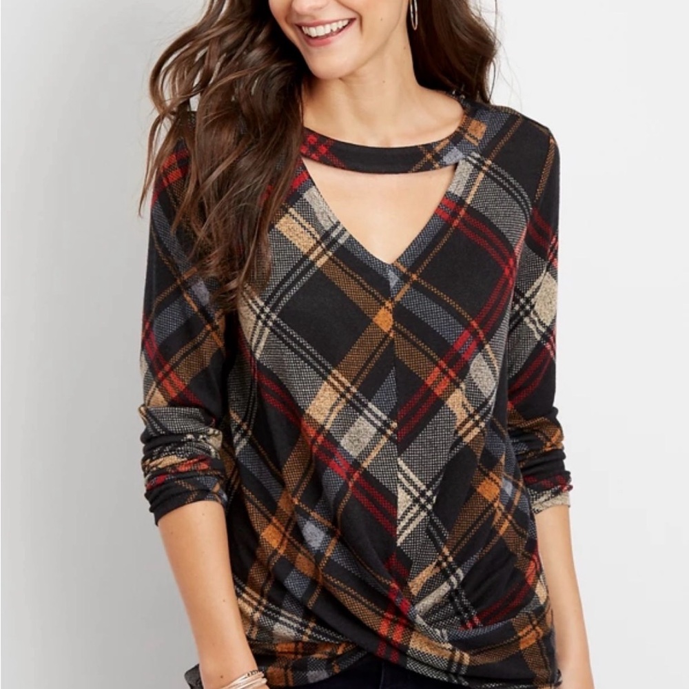 Maurices Red and Black Plaid Top with Cutout Detail